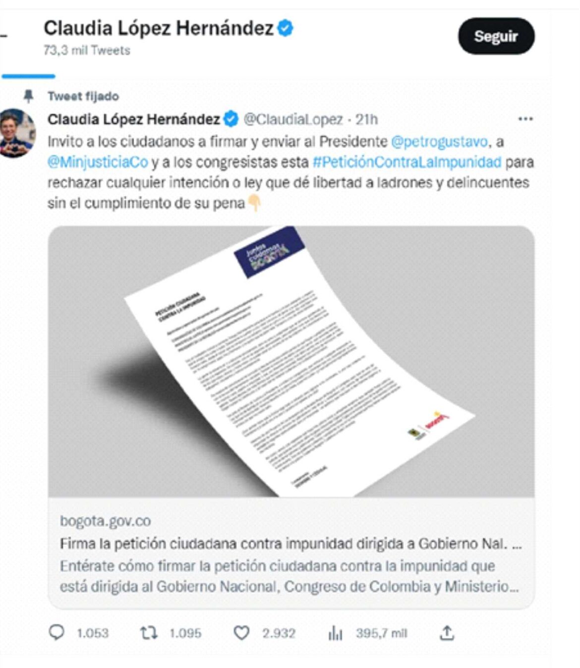 Tuit alcaldesa Claudia López. Claudia López alcaldesa